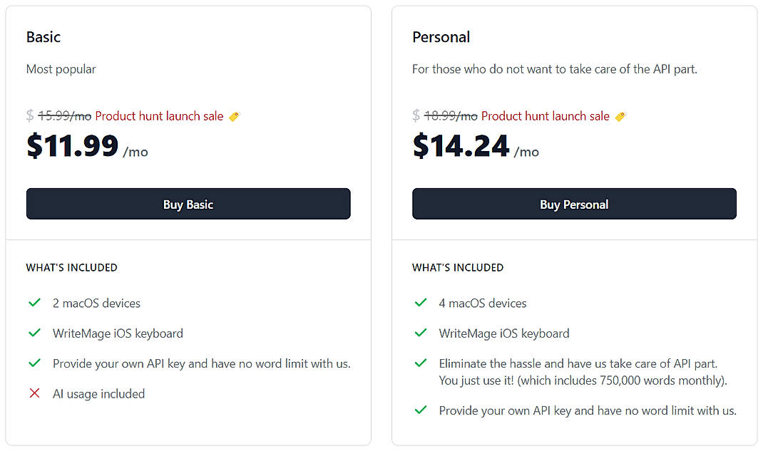 Pricing screenshot