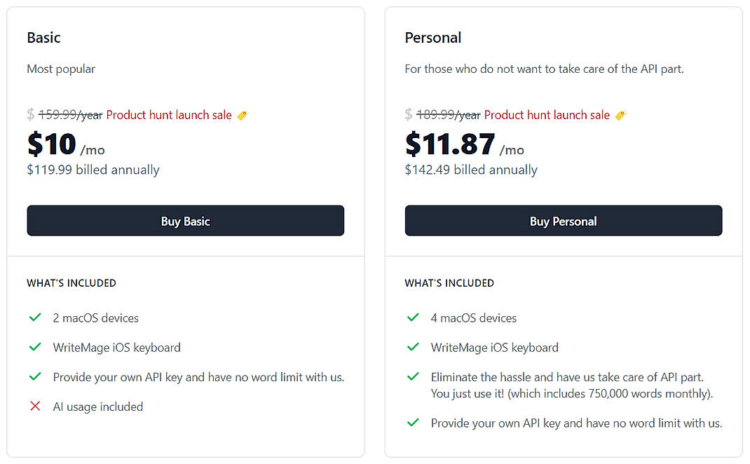 Pricing screenshot