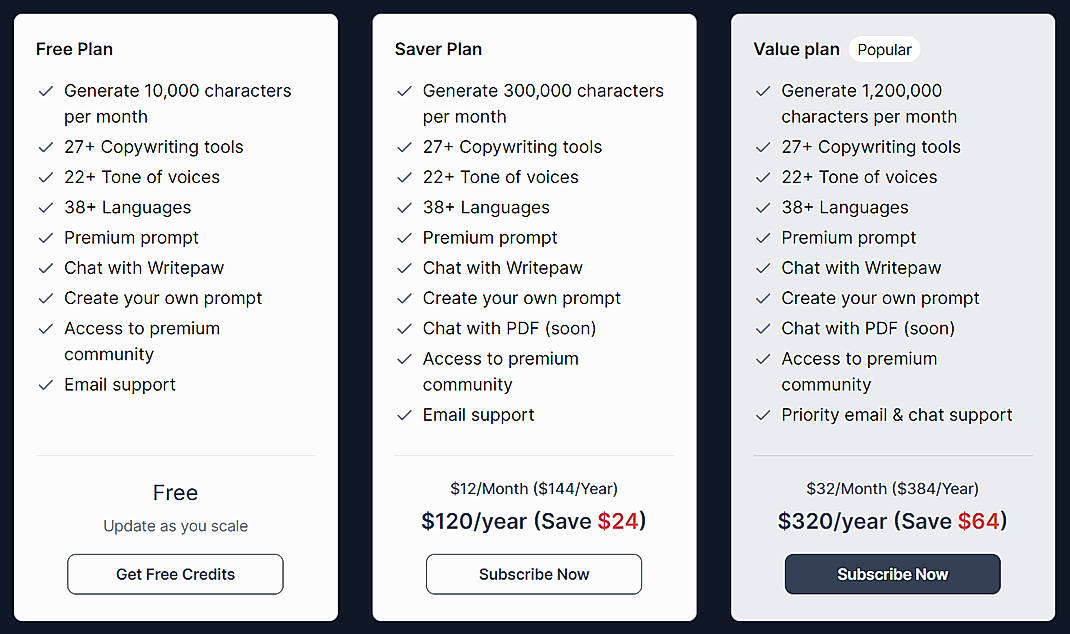 Pricing screenshot