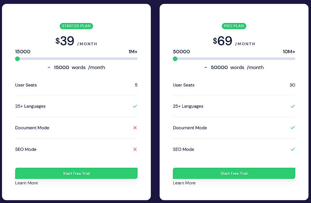 Pricing screenshot