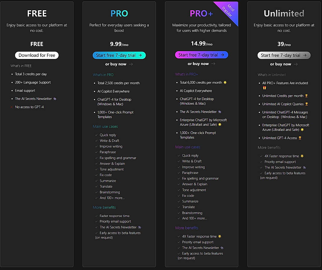 Pricing screenshot