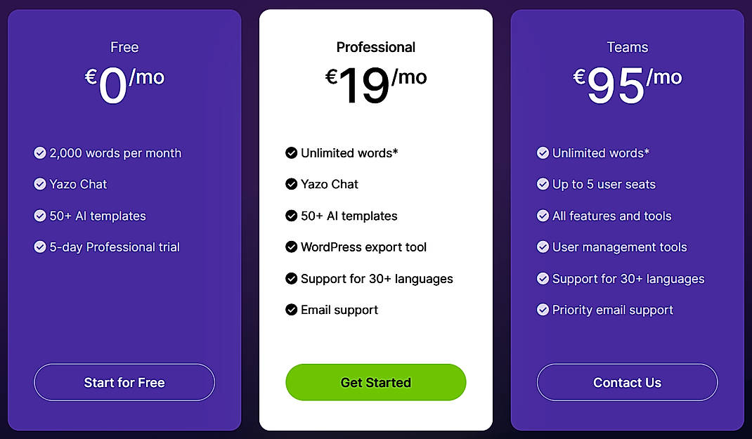 Pricing screenshot