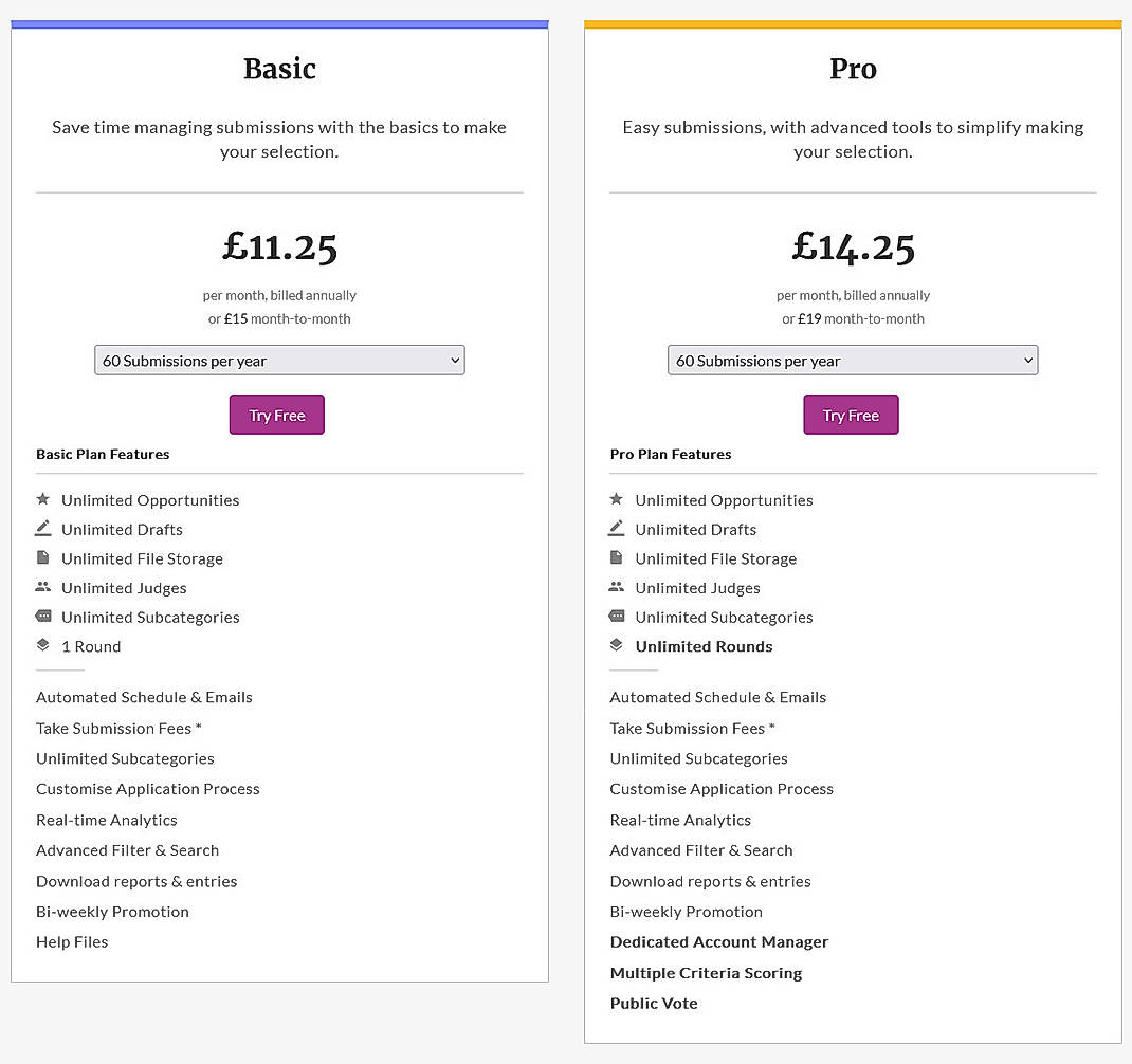 Pricing screenshot