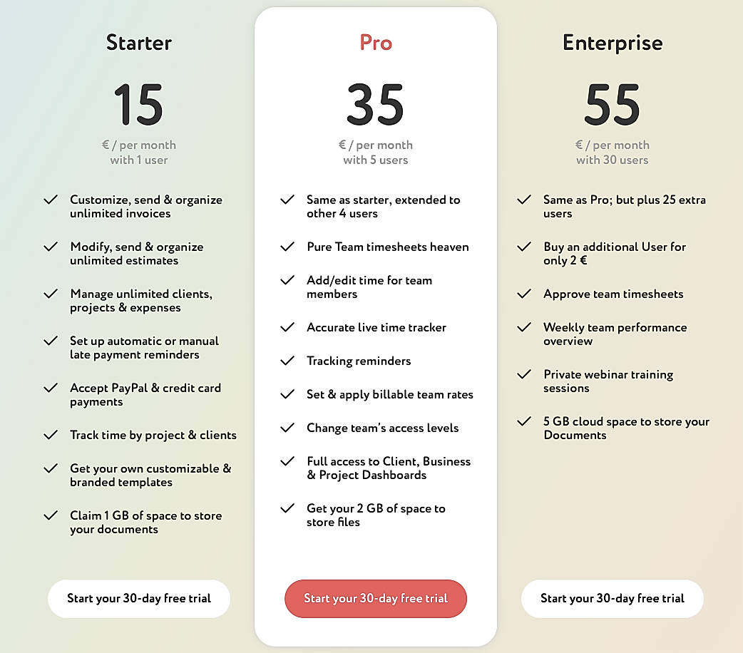 Pricing screenshot