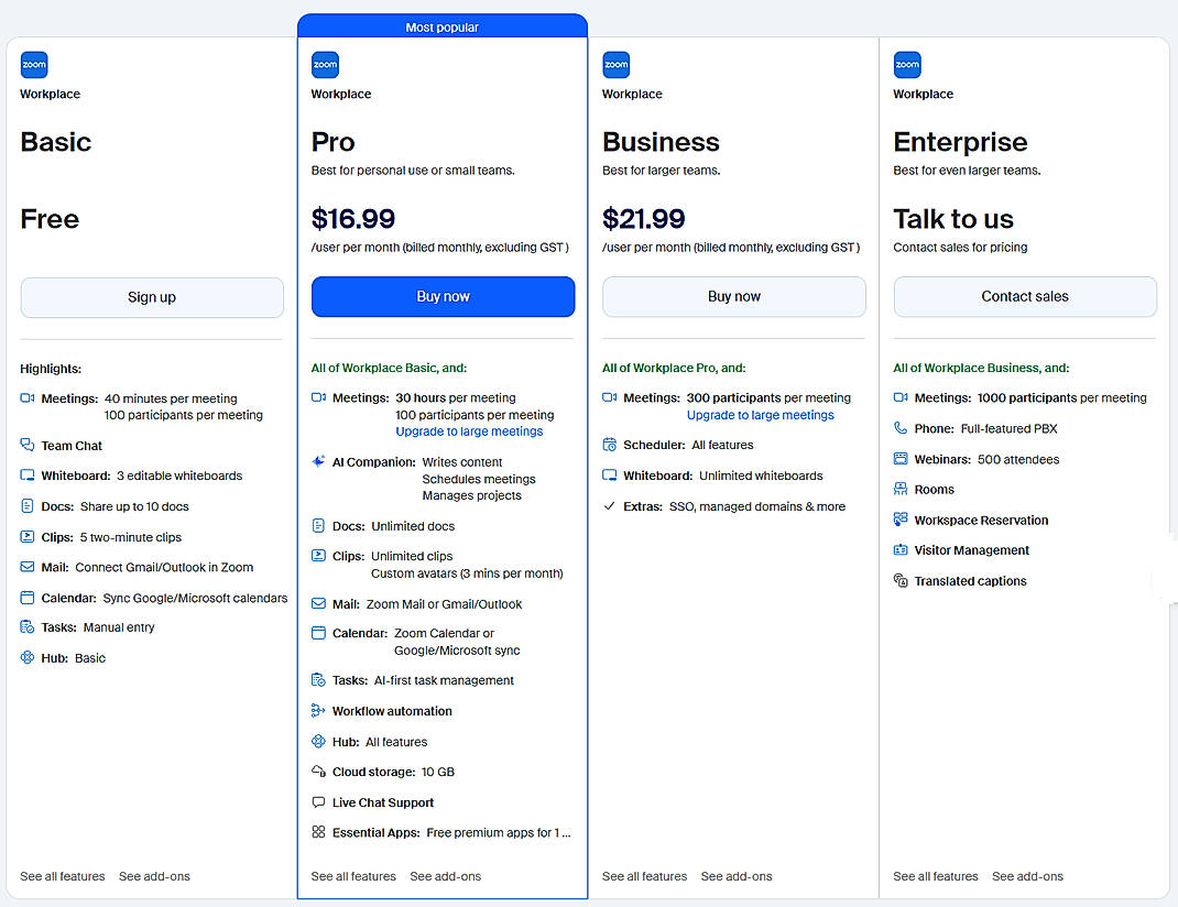 Pricing screenshot