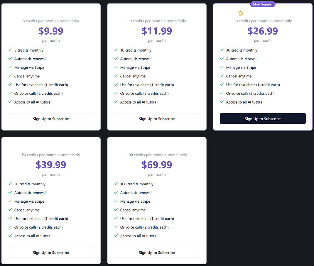 Pricing screenshot