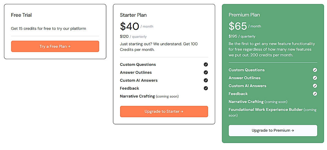 Pricing screenshot
