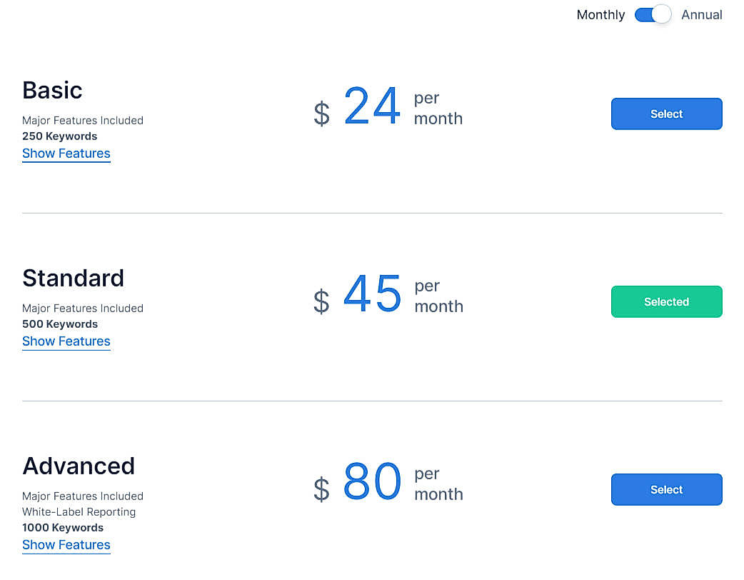 Pricing screenshot