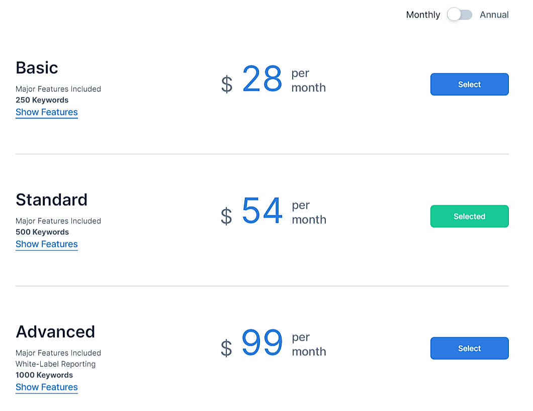 Pricing screenshot