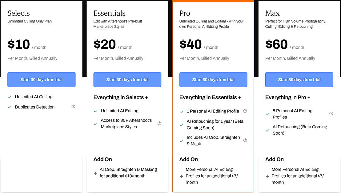 Pricing screenshot