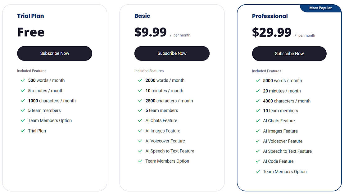 Pricing screenshot