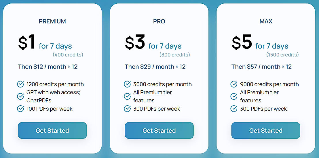 Pricing screenshot