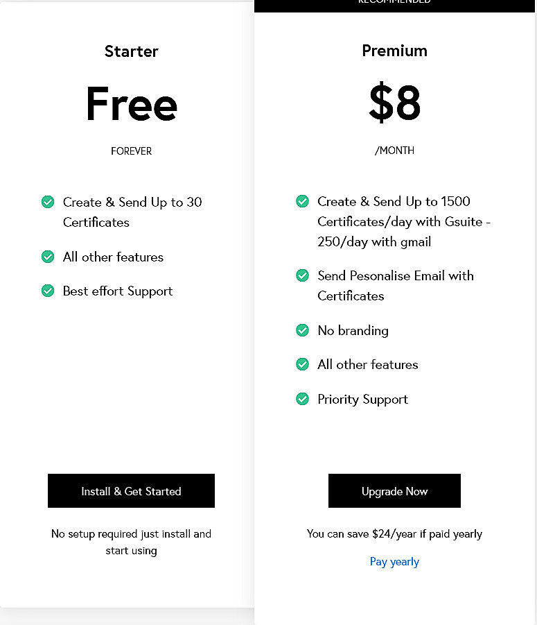 Pricing screenshot