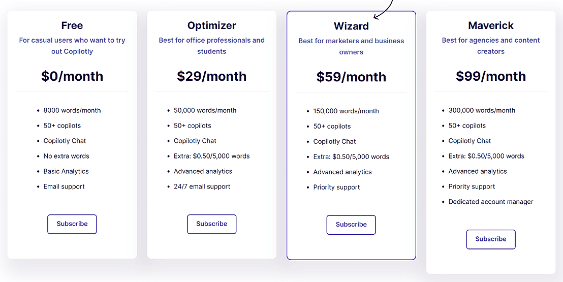 Pricing screenshot