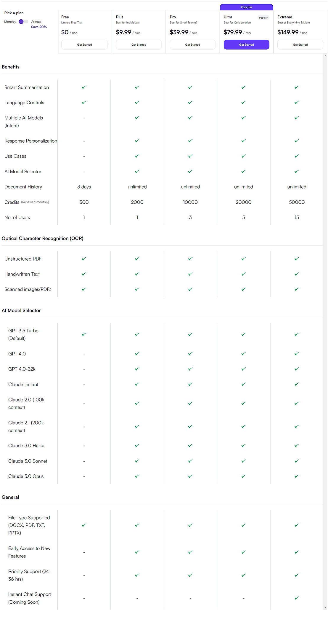 Pricing screenshot