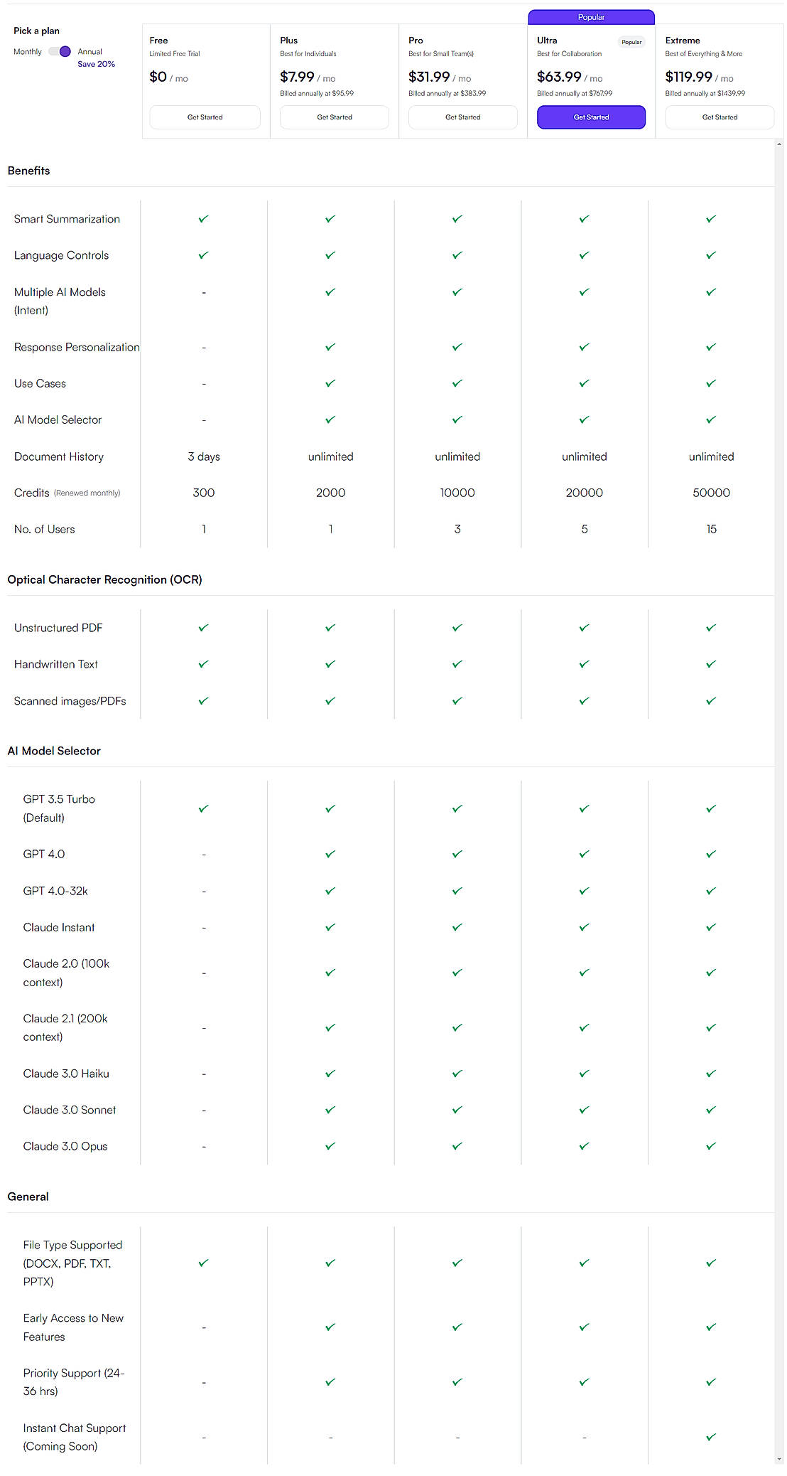 Pricing screenshot