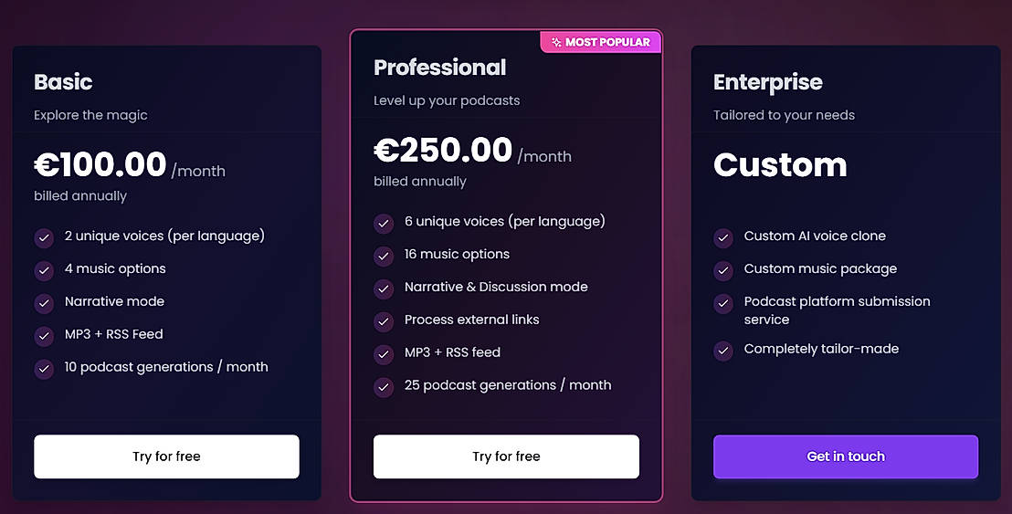 Pricing screenshot
