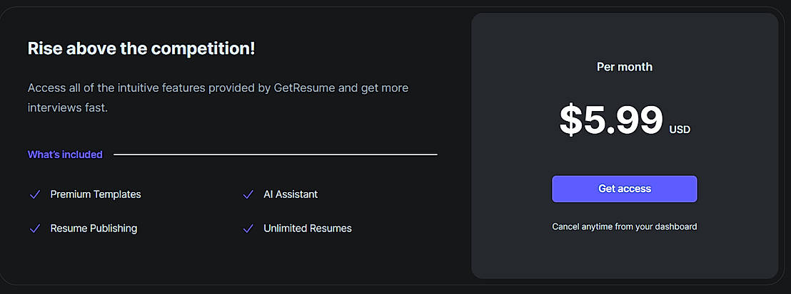 Pricing screenshot
