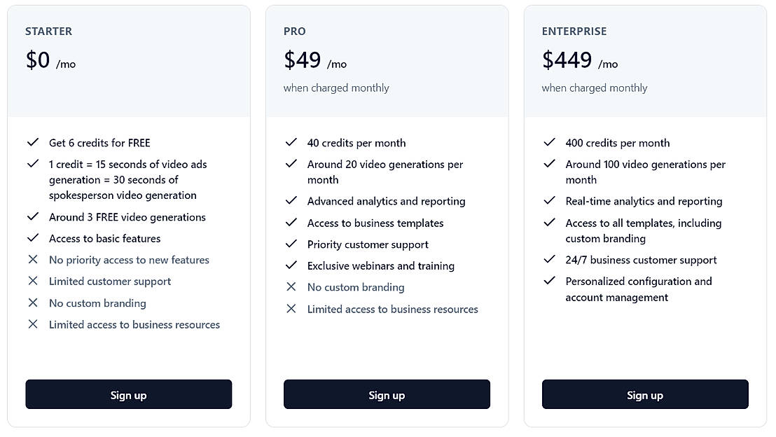 Pricing screenshot