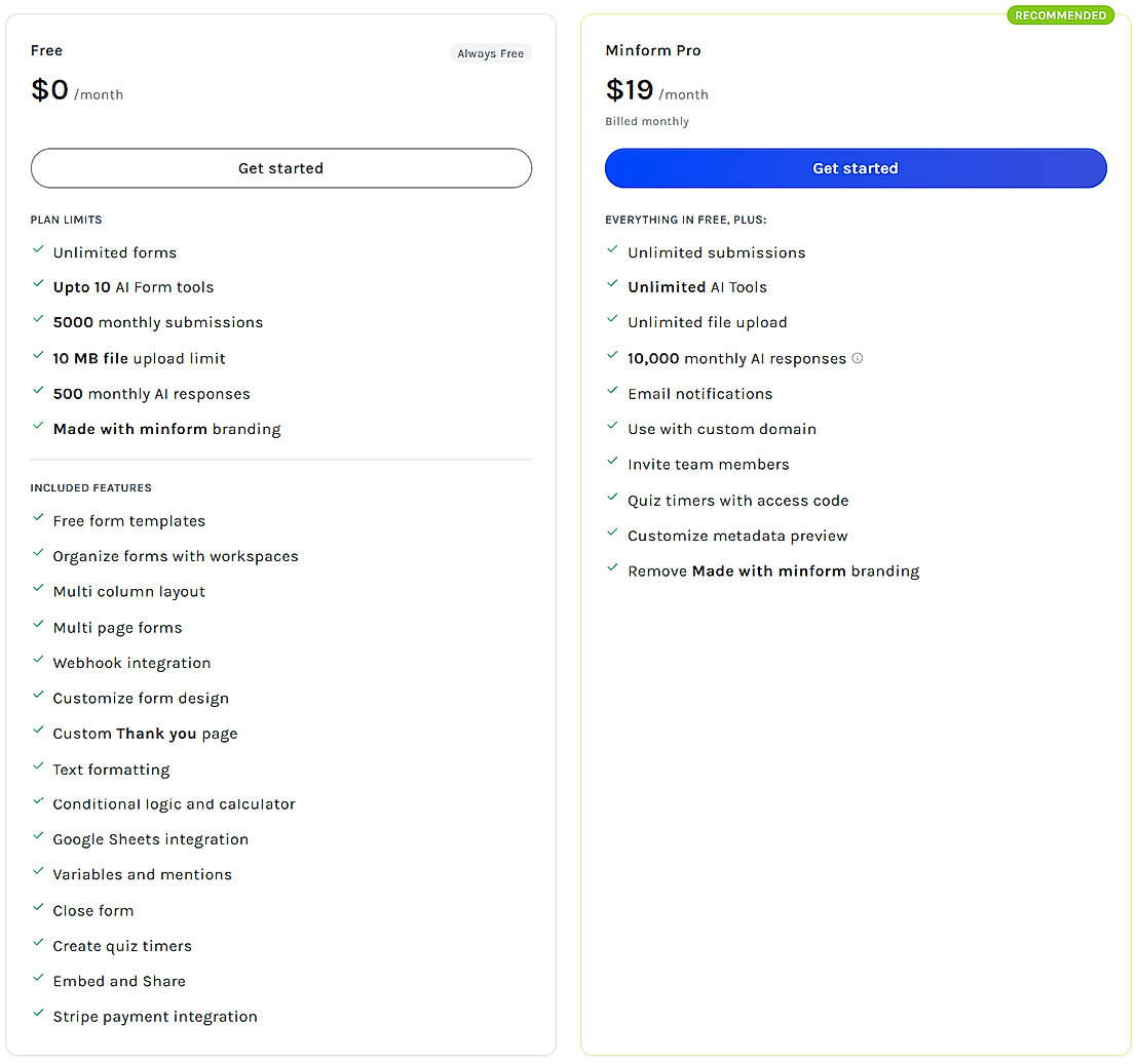 Pricing screenshot
