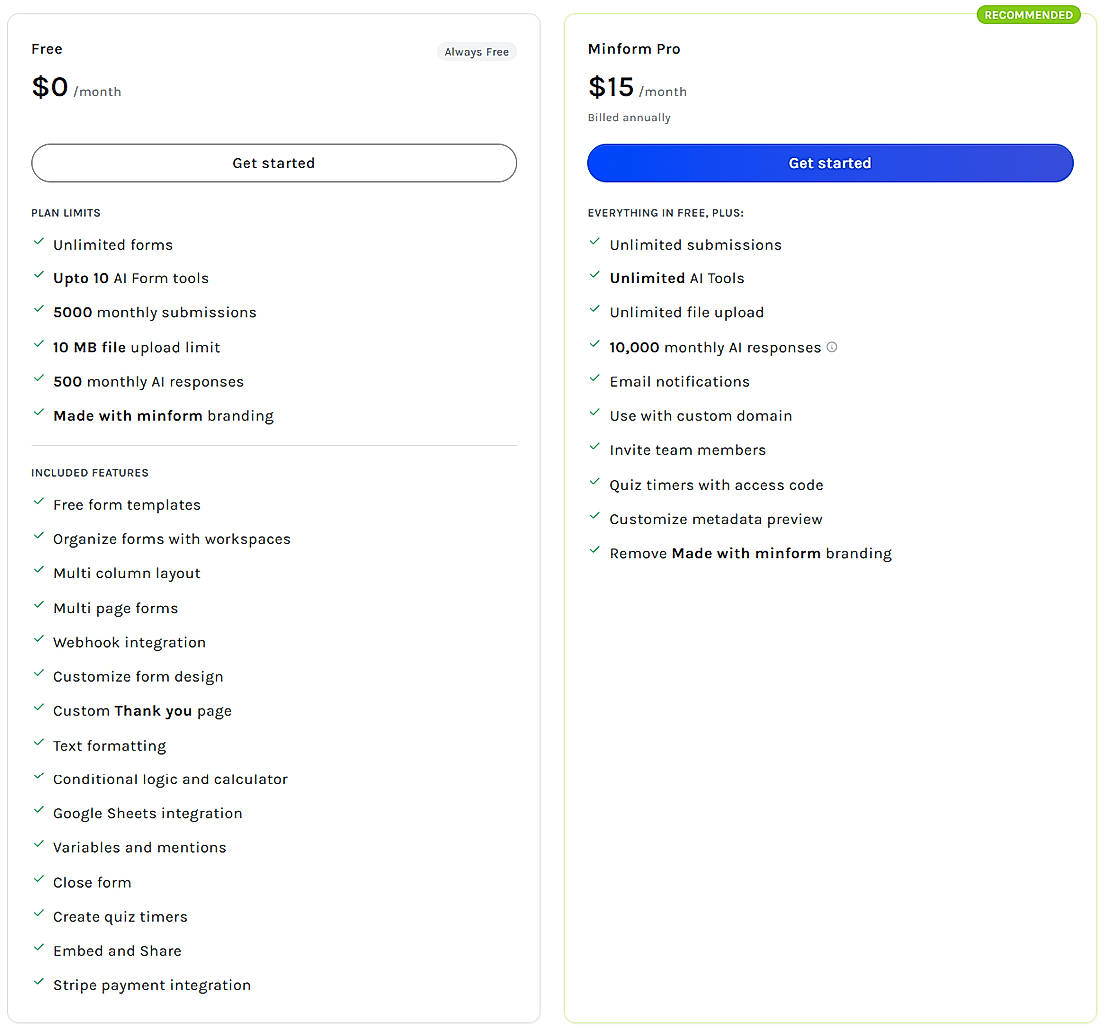 Pricing screenshot