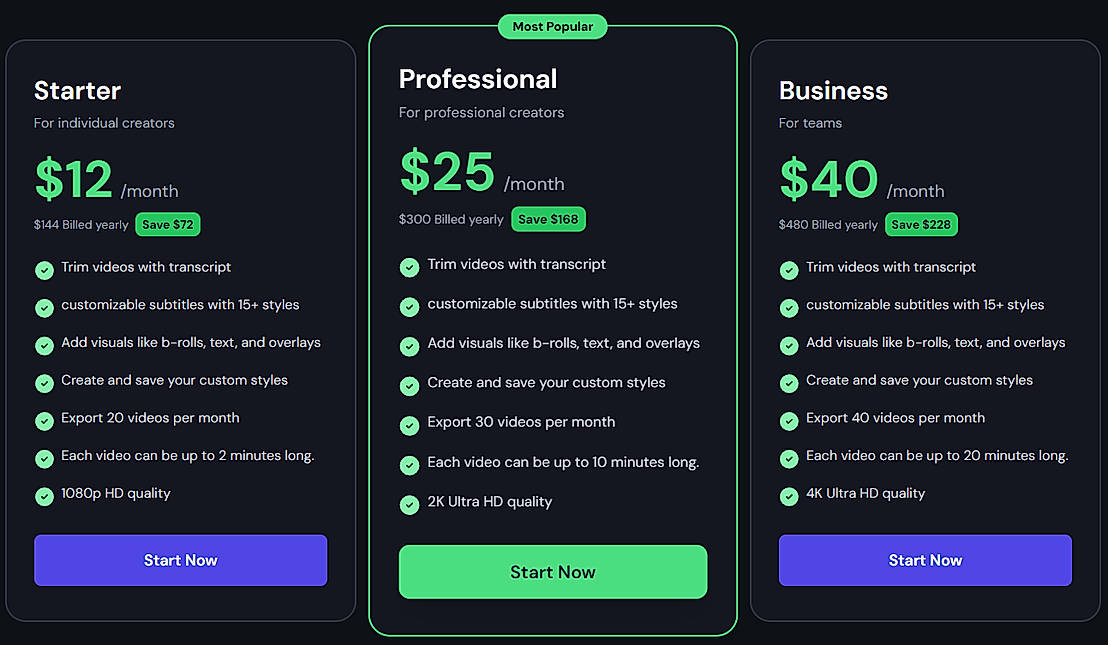 Pricing screenshot