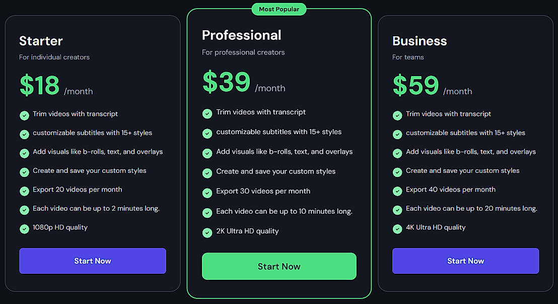 Pricing screenshot