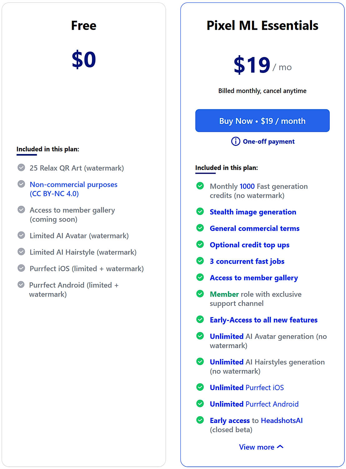 Pricing screenshot