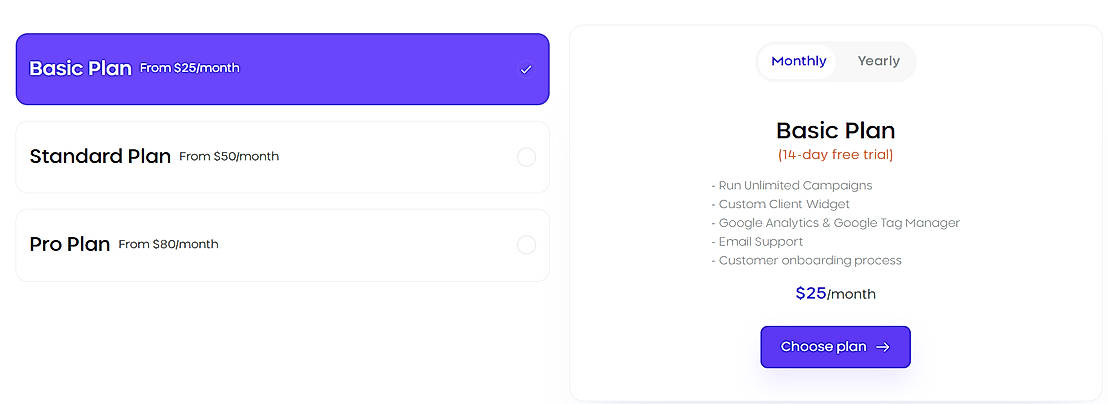 Pricing screenshot