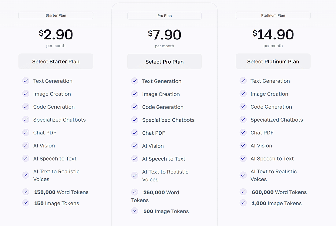 Pricing screenshot