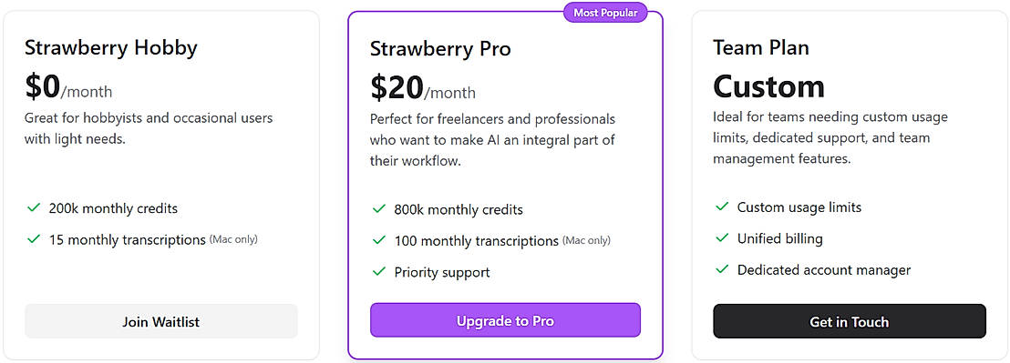 Pricing screenshot