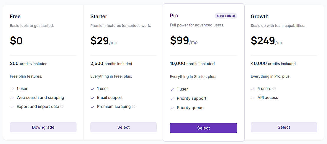 Pricing screenshot