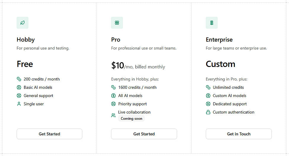 Pricing screenshot