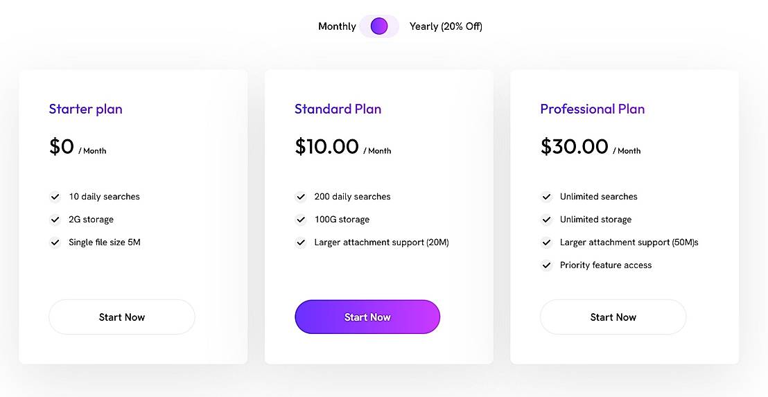 Pricing screenshot