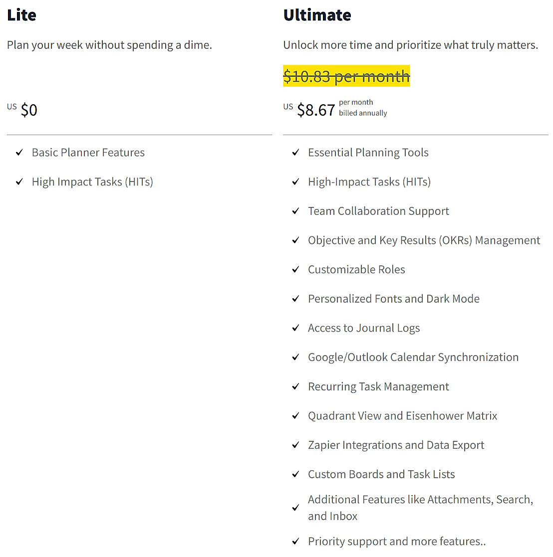 Pricing screenshot