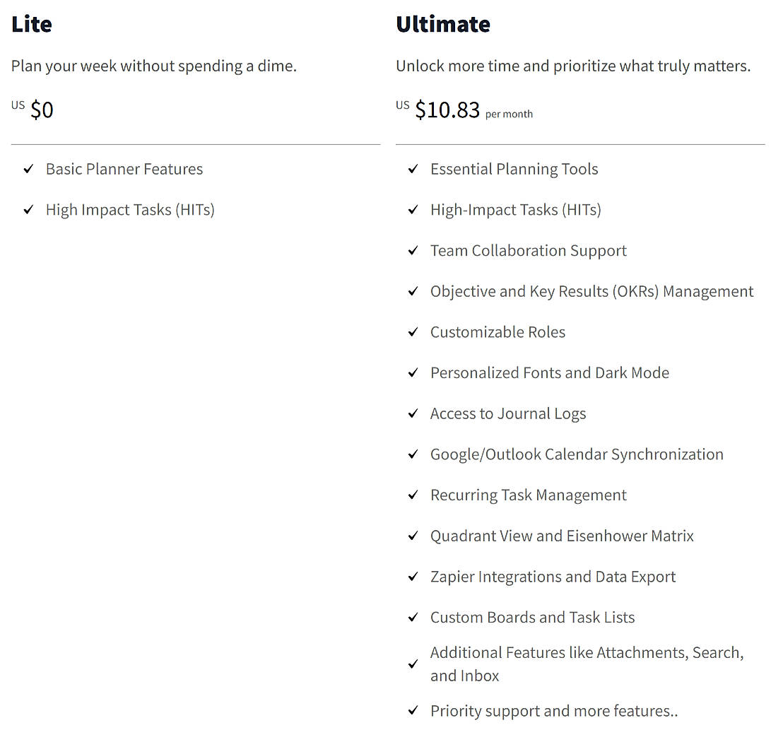 Pricing screenshot