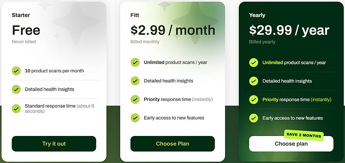 Pricing screenshot
