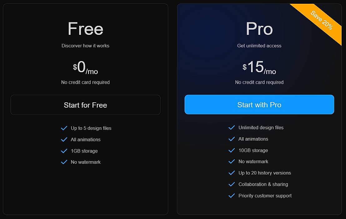 Pricing screenshot