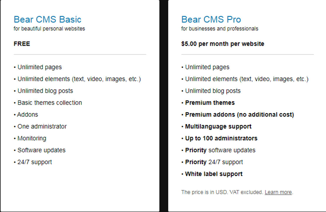 Bear CMS Pricing