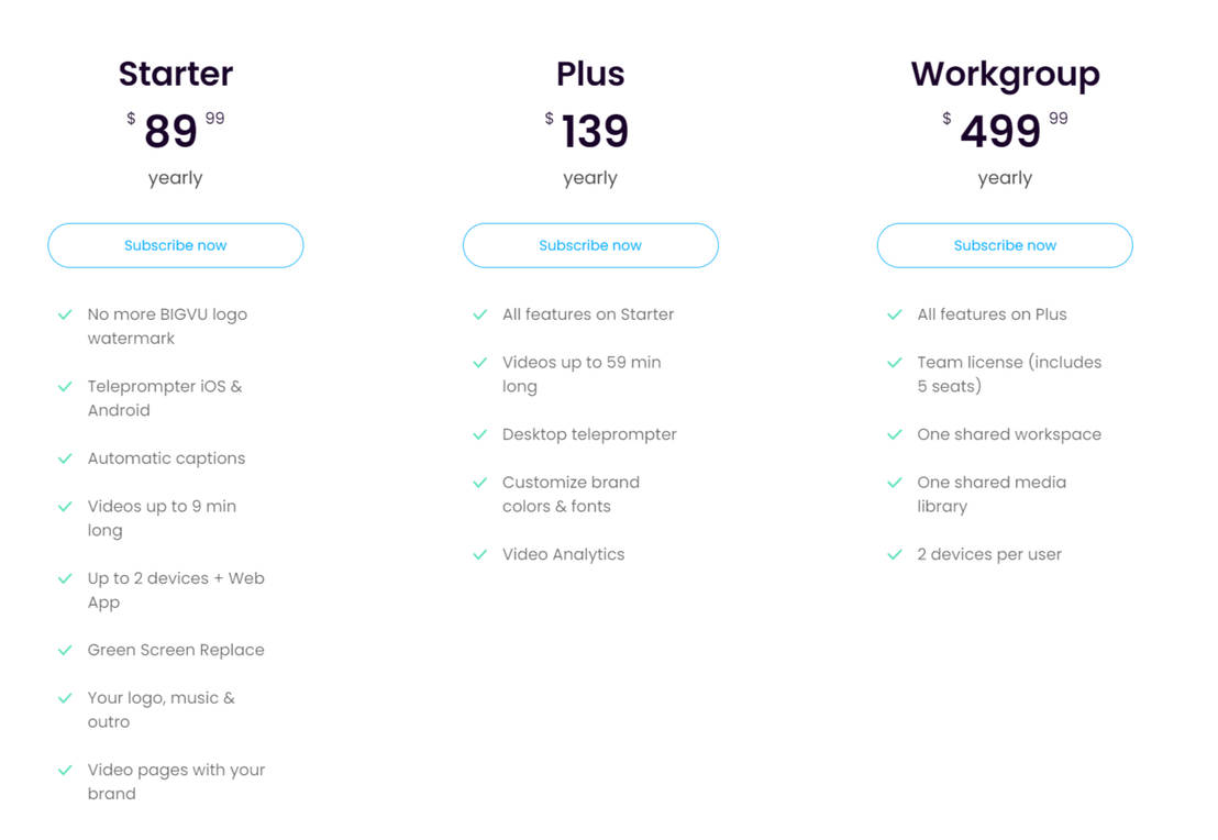 BIGVU Pricing Cost and Pricing plans