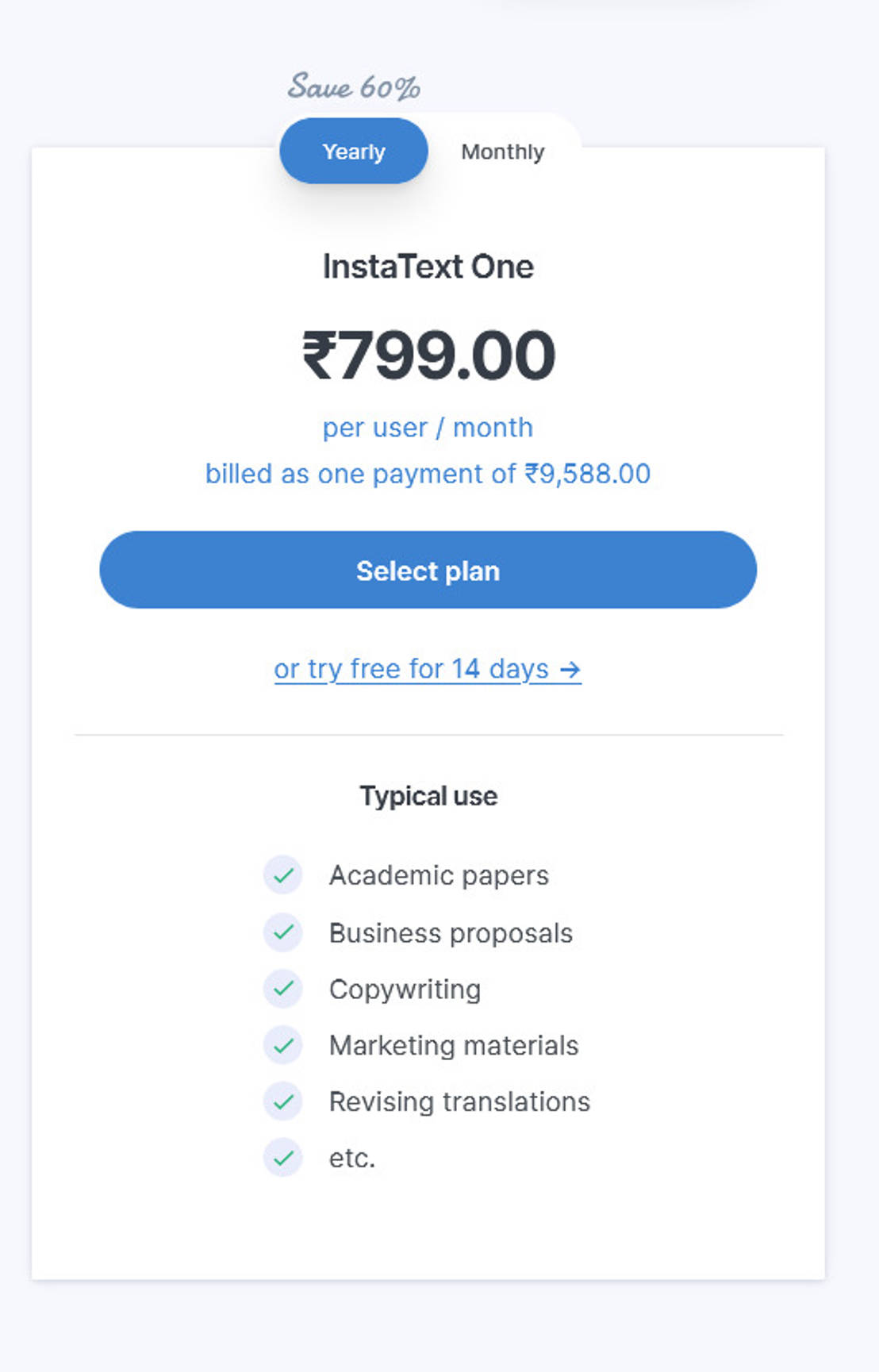 InstaText pricing 1