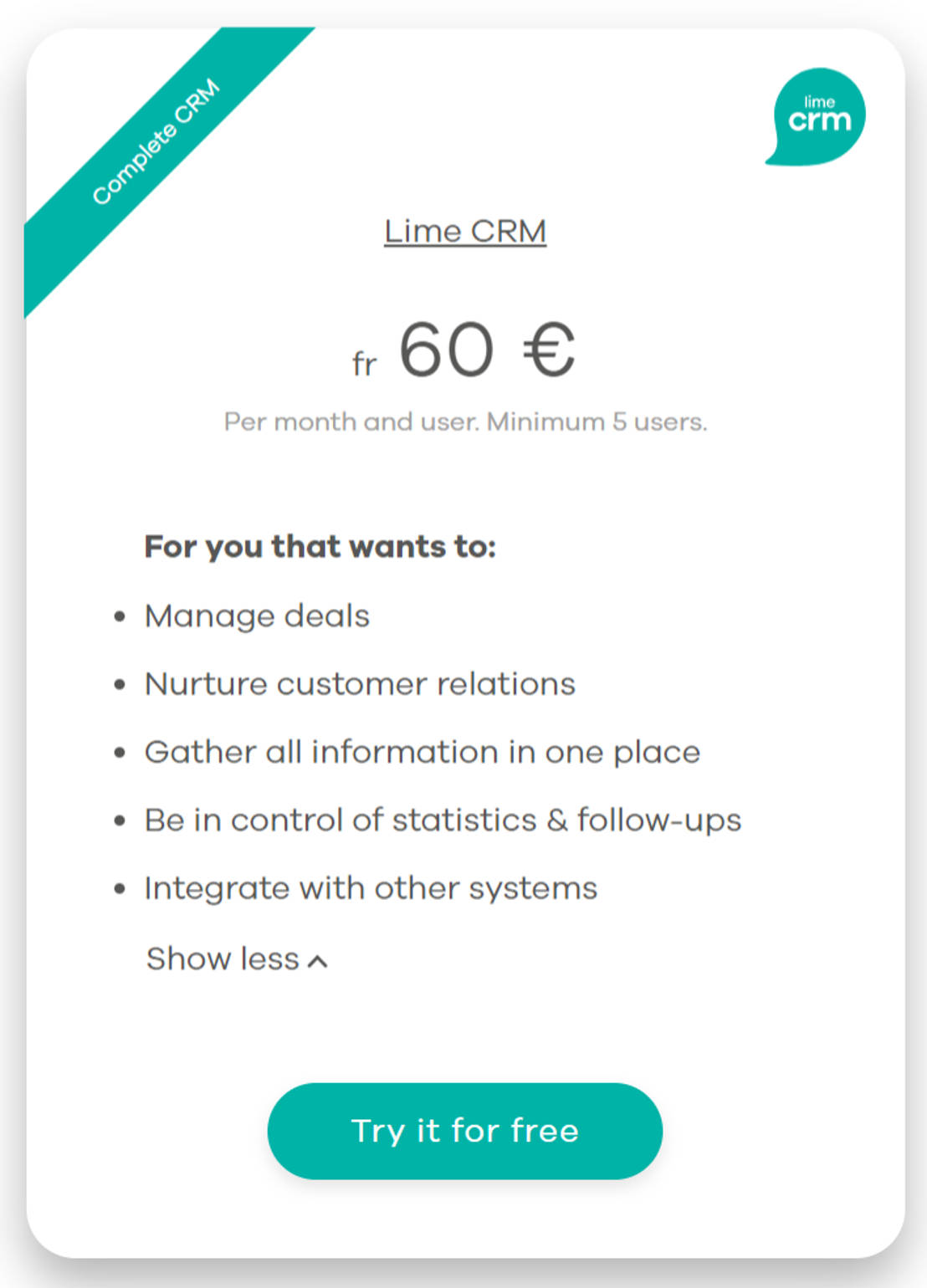 Lime CRM Pricing Cost and Pricing plans