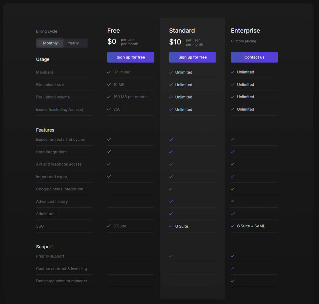 Linear Pricing Cost and Pricing plans