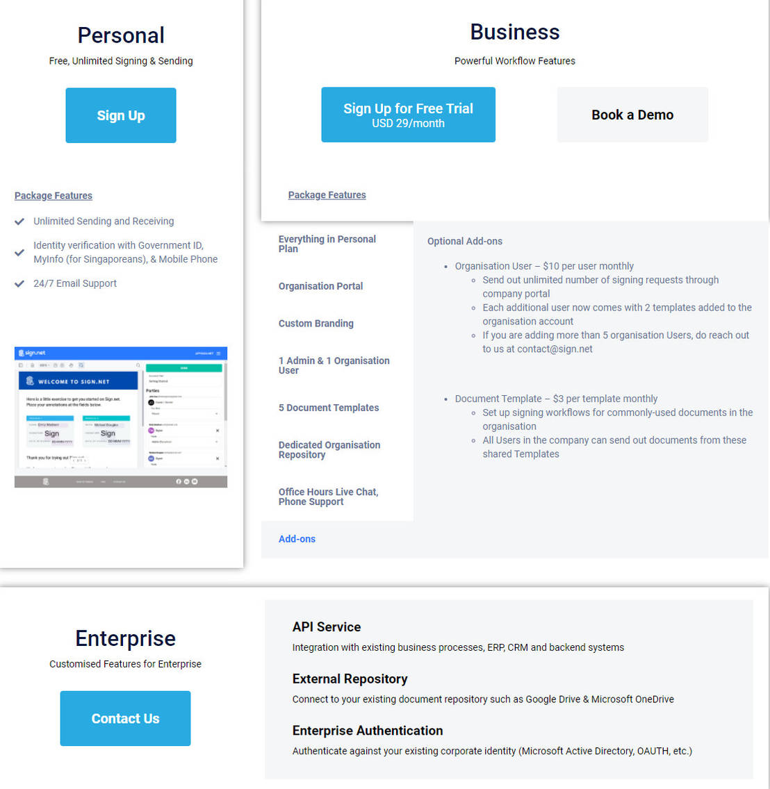 Sign.net pricing 1