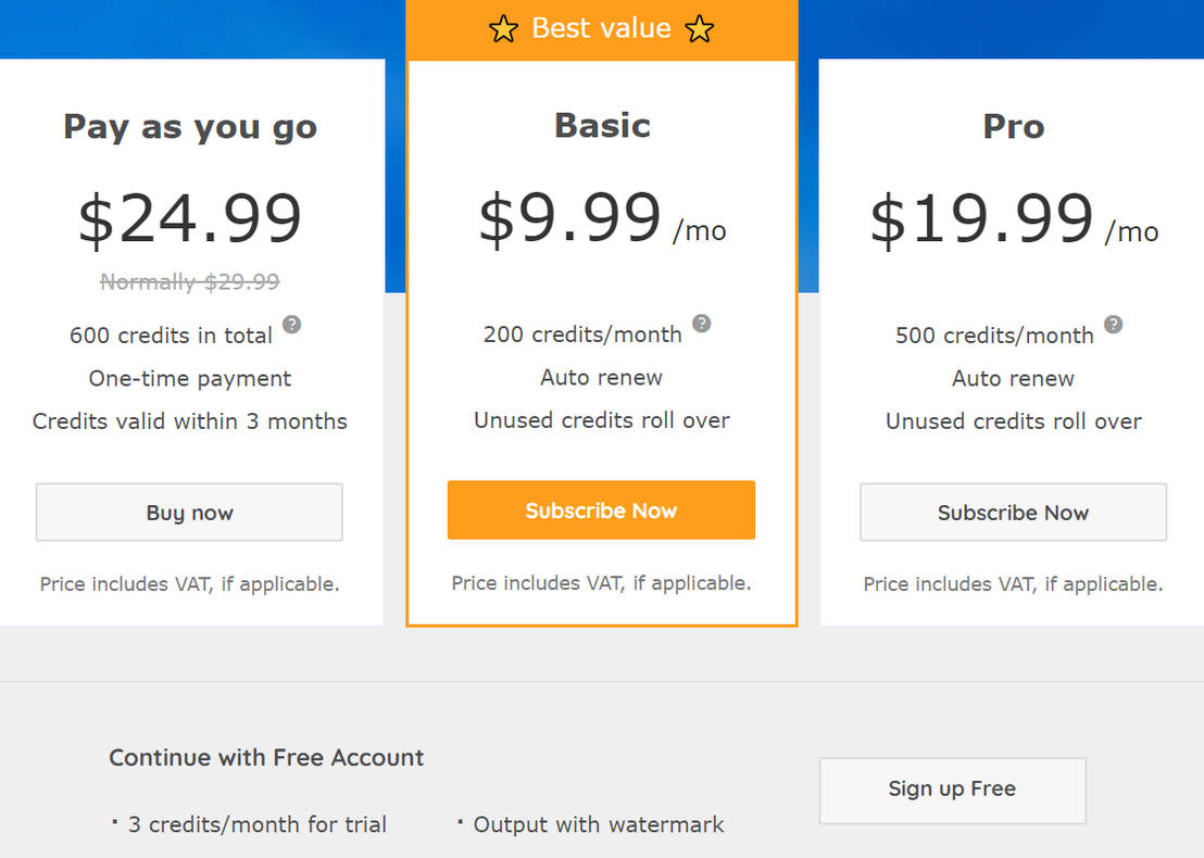 Vance AI pricing 1