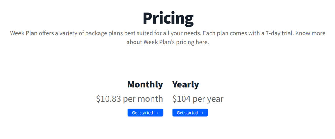 Week Plan pricing 2