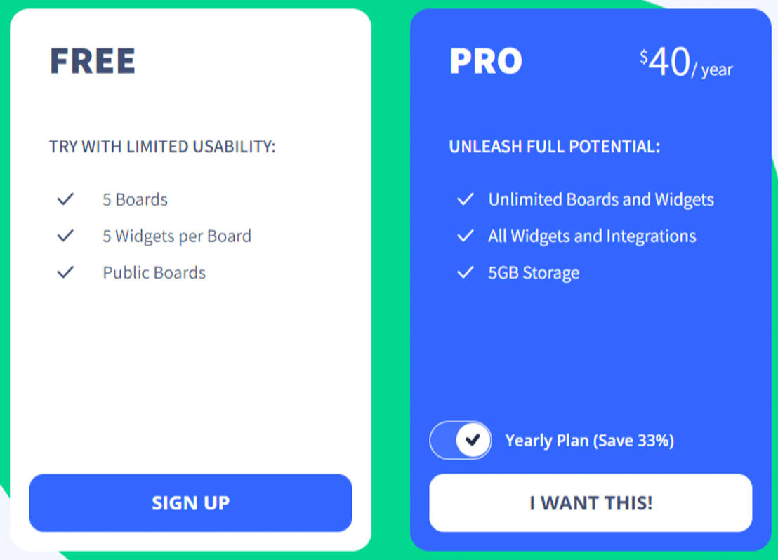 Widget-Board pricing 1