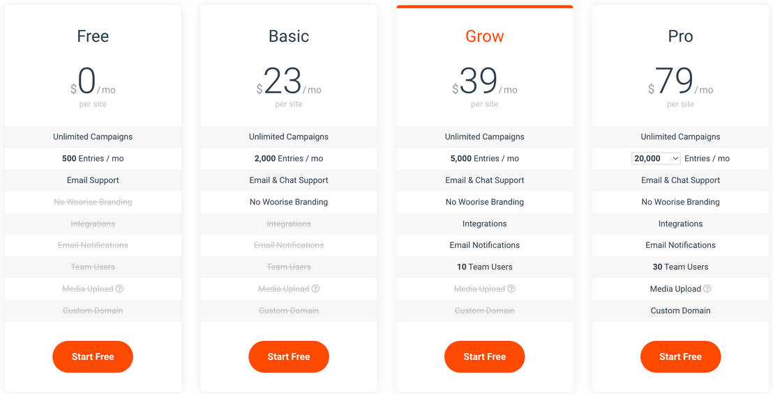 Woorise pricing 2