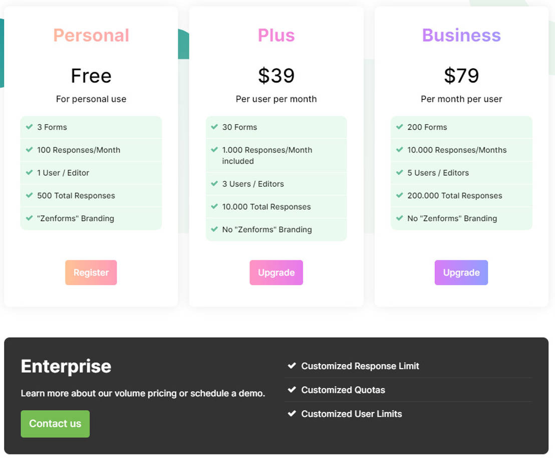 Zenforms Pricing Cost and Pricing plans