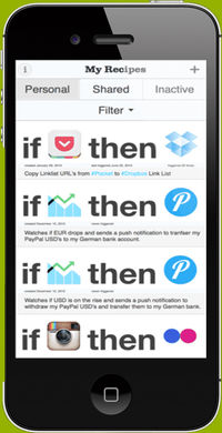 IFTTT screenshot: Allows users to filter different recipes, and copy linklist URLs from various apps including Pocket and Dropbox
